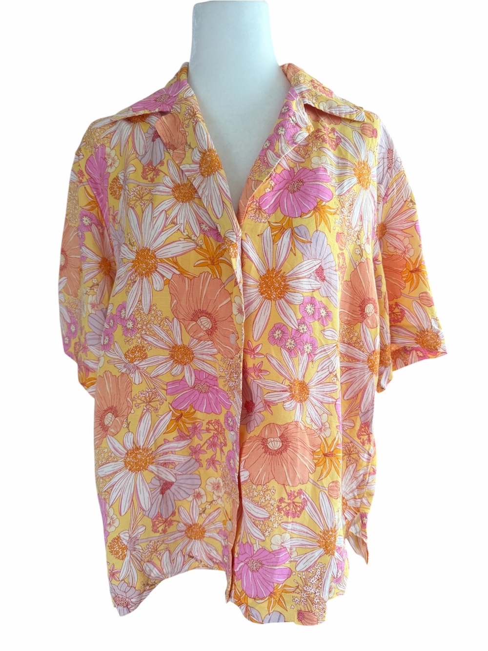 NEW H&M Linen Blend Floral Button-Up in Yellow, Pink & Orange US S